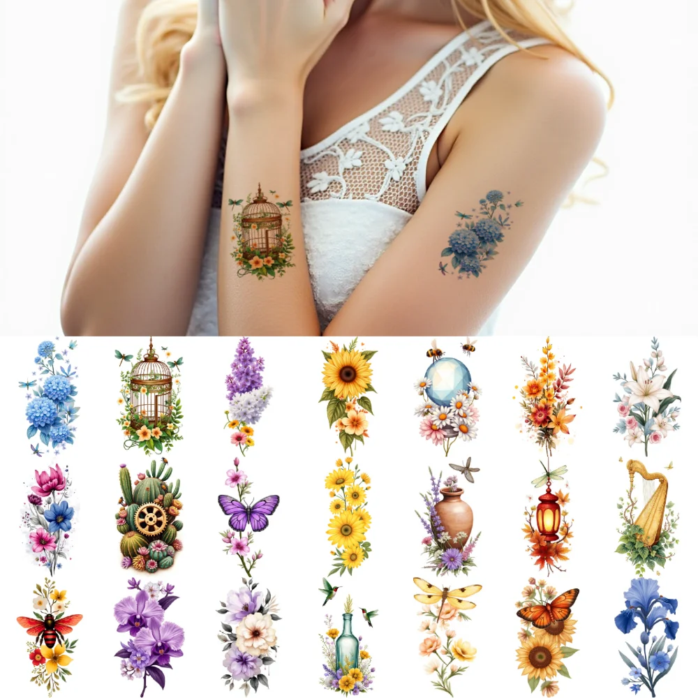 9 pièces tatouage temporaire fleurs coloré Cactus engrenage forme temporaire tatouage autocollants colibris pour bras cuisses adulte