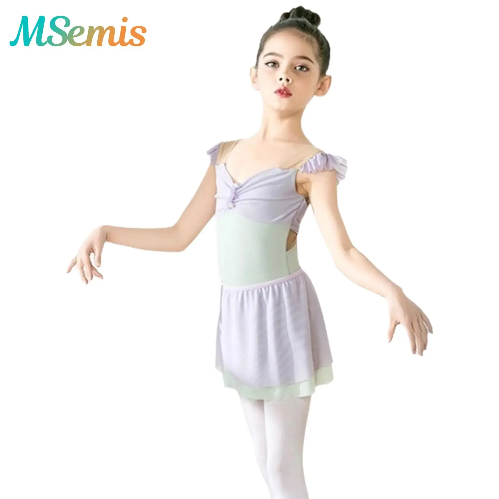 

Kids Girls Ruched Ballet Leotard Costume with Skirt Ruffle Sleeve V-back Mesh Patchwork Dance Practice Performance Outfits