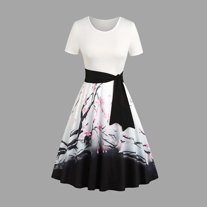 Dressfo 2025 Women's Dresses Ink Painting Print Belt Short Sleeve Dress Summer Round Neck Casual Dress Vestidos