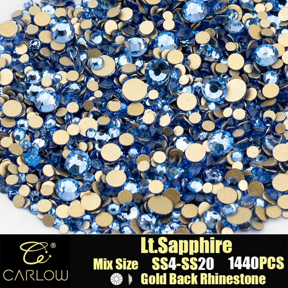 CARLOW Gold Bottom Mix Size SS4-SS20 1440Pcs Rhinestones Light Sapphire Flatback Crystal Stones DIY Nail Art Decoration JD-028