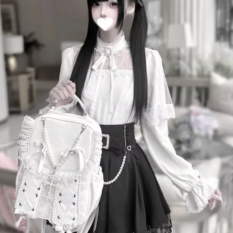 Darkly Series Lace Gothic Bow Shirt+Skirt Sets Spicy Girl Lolita Autumn New Japanese High Waist Skirt 2 Piece Set Women Colthes
