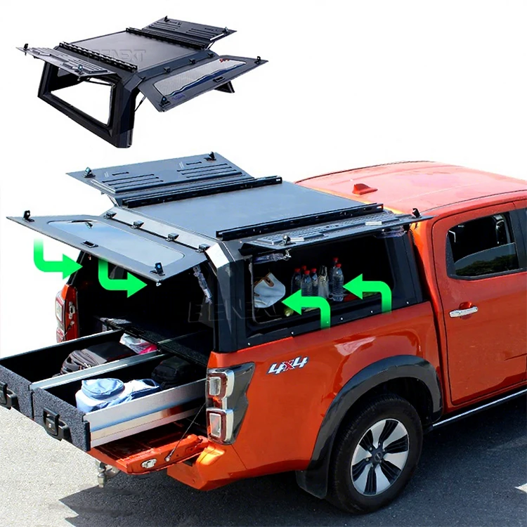 Pickup Truck Camper Canopy, Steel Hardtop Topper with Windows for Isuzu D-Max Double Cab 2016-2024, Heavy Duty Waterproof, Black