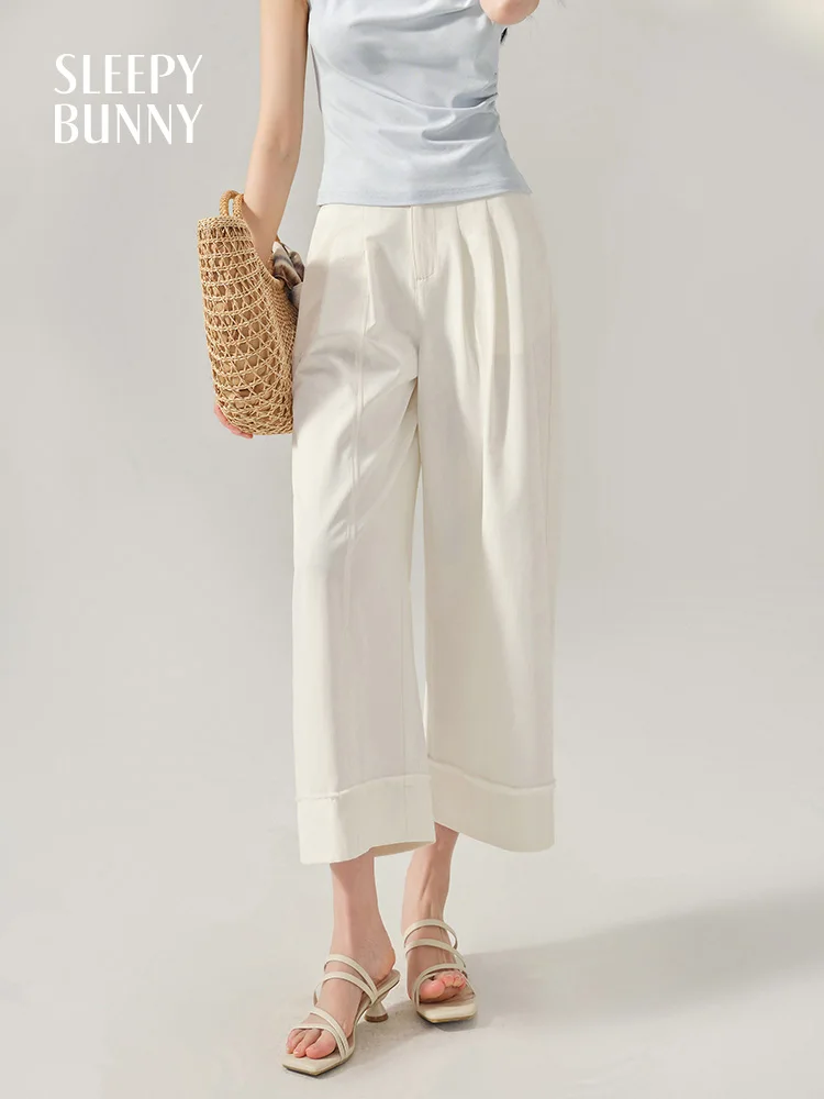 

High Waist Wide Leg Cropped Pants Women Summer Lightweight Loose Trousers Casual Pleated Length Pants Petite Girls Daily Wear