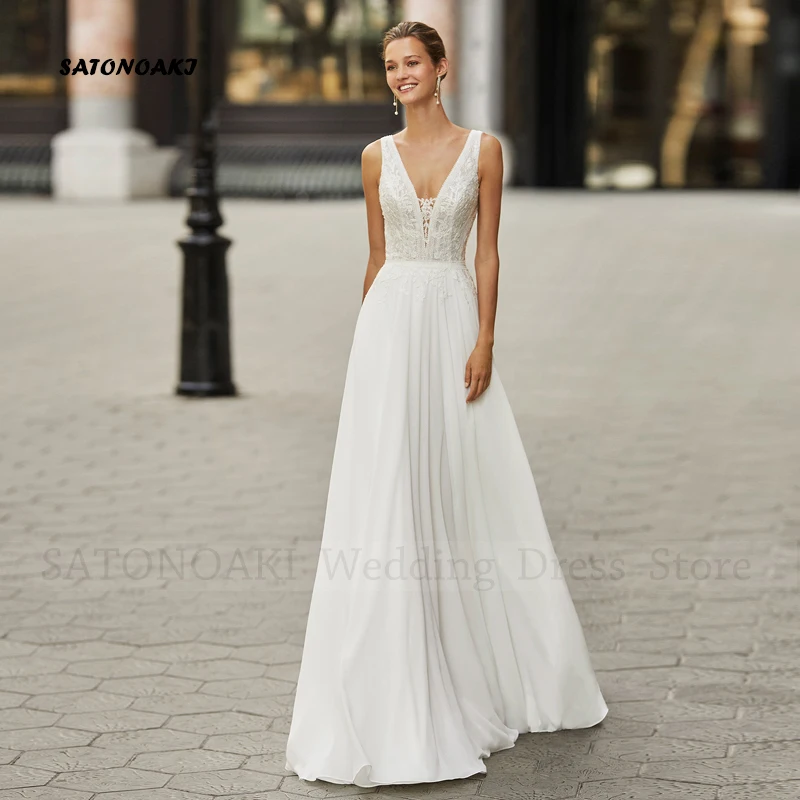 Elegant Sexy Ivory Boho V-Neck Lace Chiffon Wedding Dress for Women Appliques A-Line Bridal Gown Vestidos De Novia Robe Mariée