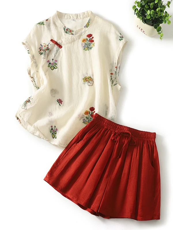 

Оригинальный китайский комплект из хлопка и льна Hanfu, женский летний тонкий комплект с пуговицами в национальном стиле, комплект из двух предметов