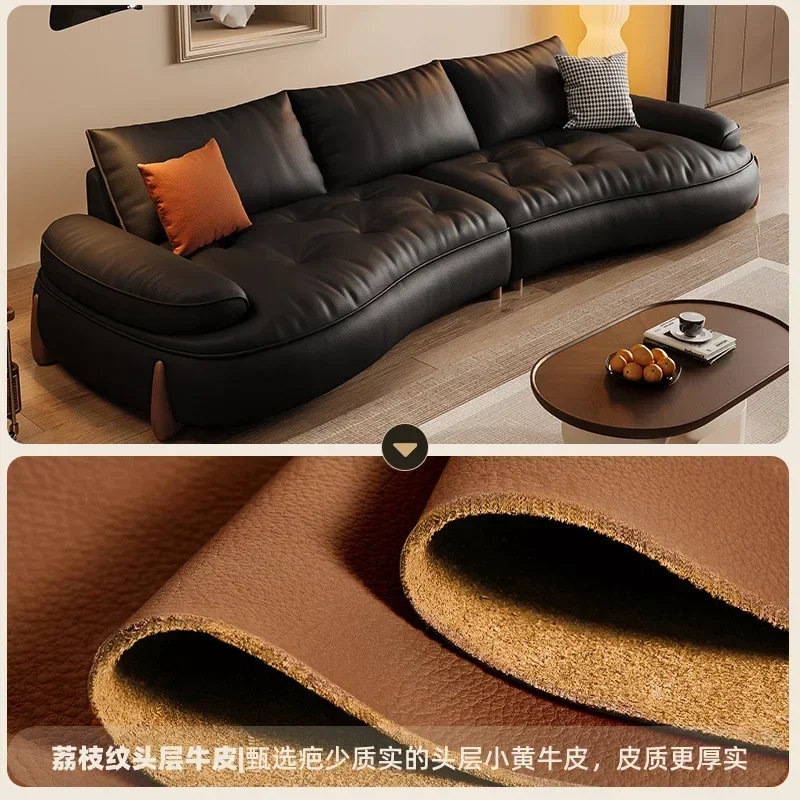 Leather sofa, living room small apartment light luxury modern curved black