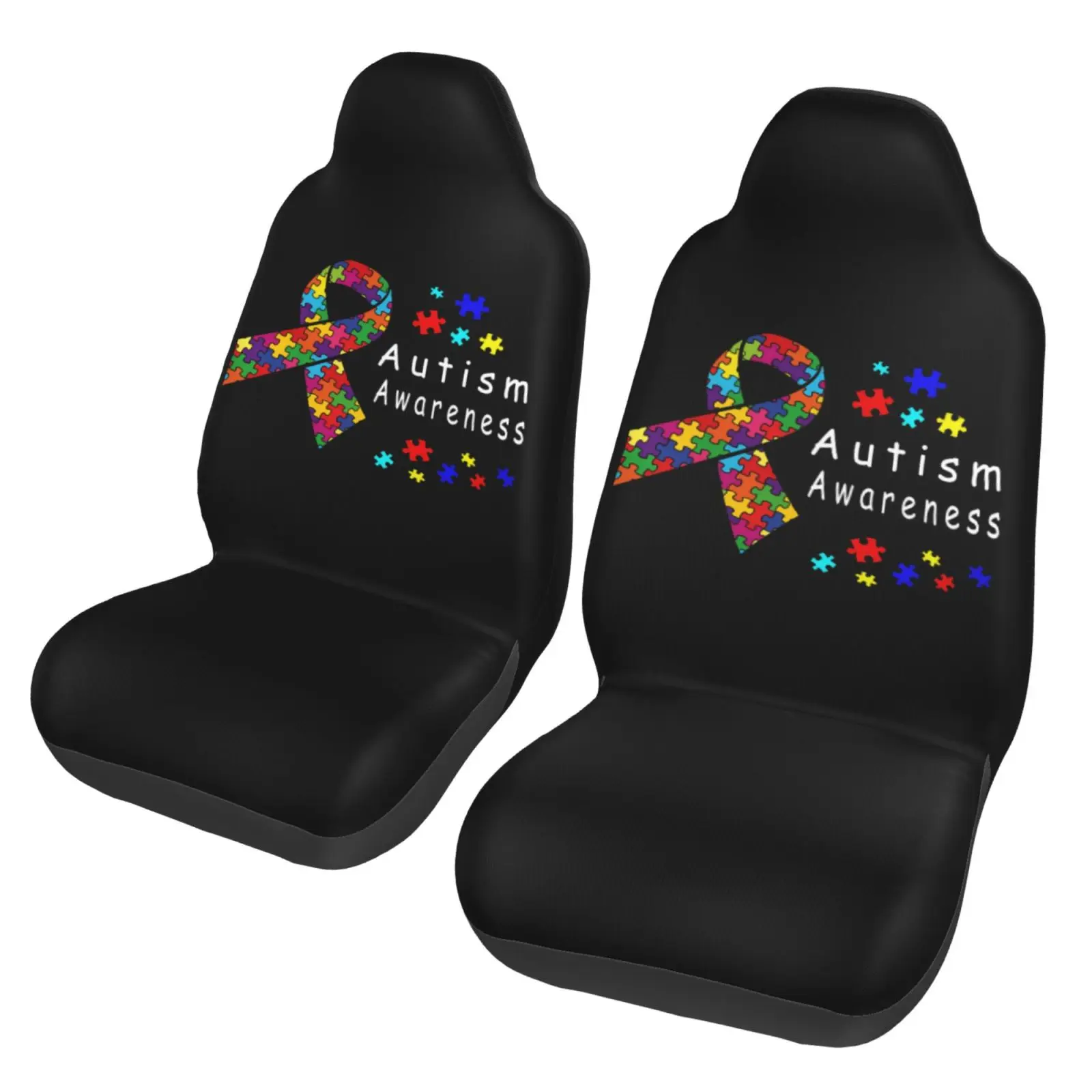 Autism Awareness Ribbon Embroidered Car Seat Cover Anti-Slip Protection Kit 2-piece Seat Protection Set