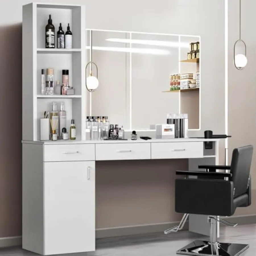 

Hair Salon Station for Hair Stylist Salon Wall Station with Barber Cabinet Barber Stations Equipment Hair Dryer Holder Drawers