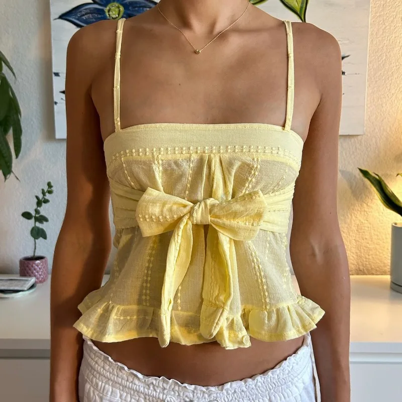 

2025 Women's Summer Sexy Sling Camisole T-shirt, Slim Fit Sleeveless Ruffled Bustier Top