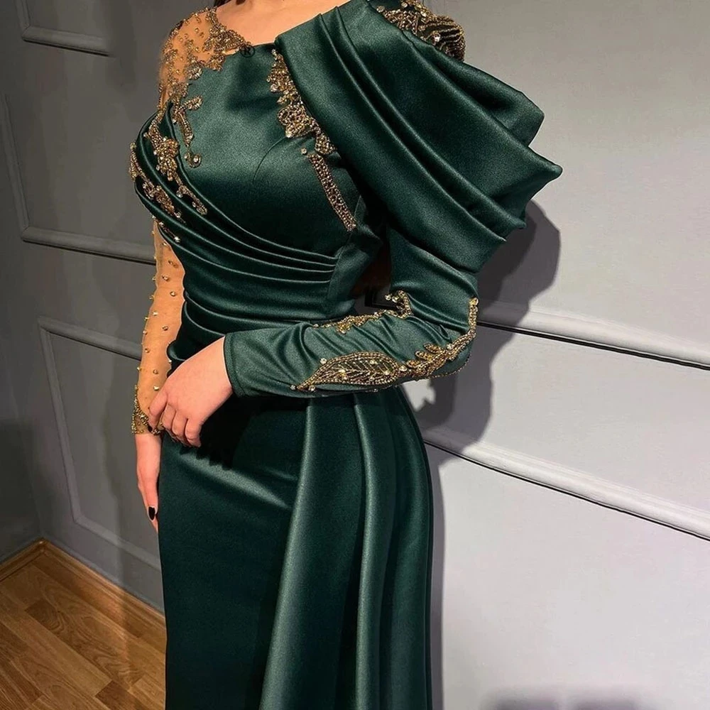 Green Evening Dresses Satin Pleated Long Sleeve Gorgeous Round Neck Women\'s Lace Applique Prom Gowns Formal Party Vestidos Robe