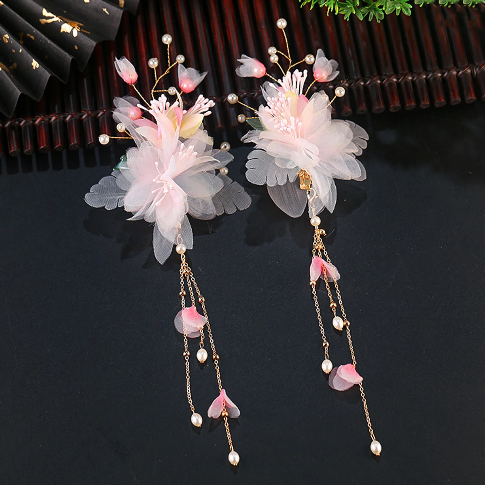 2pcs Pink Flower Hairpin Chinese Style Hair Clip Fairy Floral Tiaras Vintage Hanfu Hair Accessories Retro Bridal Head Jewelry