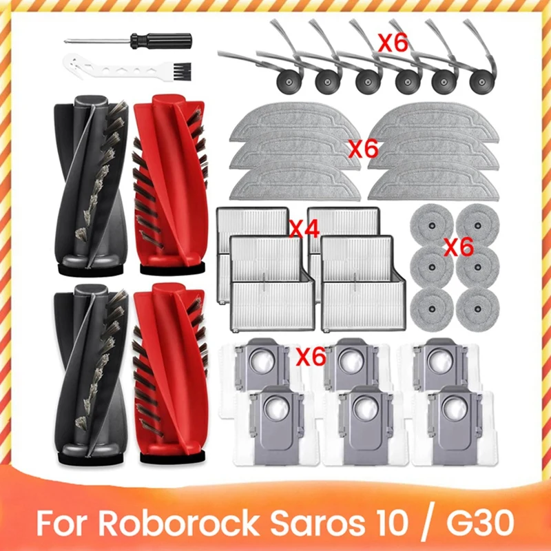 34PCS Replacement Kit For Roborock Saros 10 / G30 Robot Vacuum Cleaner Main Side Brush HEPA Filters Mop Cloths Dust Bags