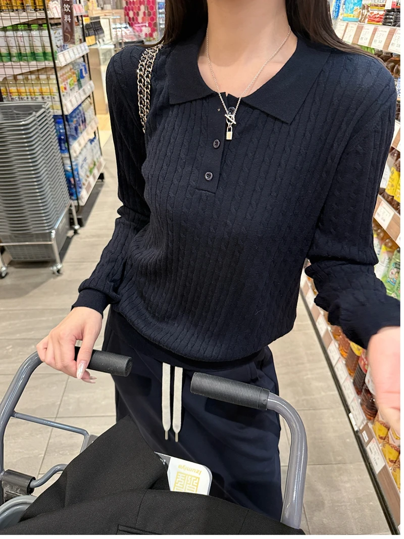 

Поло с отложным воротником и длинными рукавами, женский свитер, винтажный вязаный топ