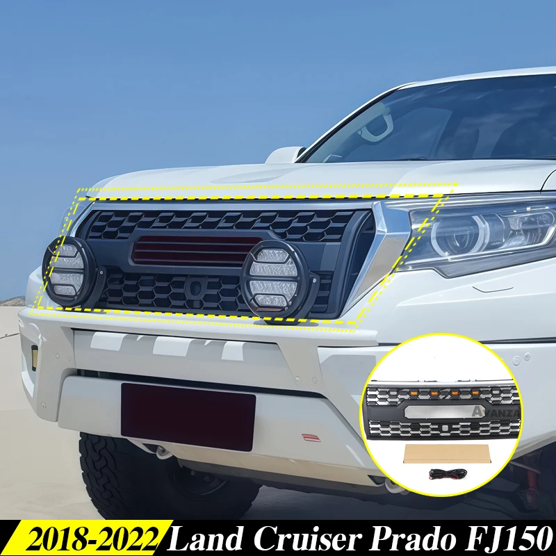 

Auto Parts Grill W/Light Fits For 2018-2022 Toyota Land Cruiser Prado FJ150 Front Grille Bumper Matte Black