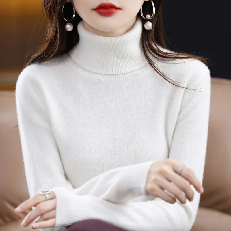 

Autumn and Winter Women's Wool Knitted pullover Long Sleeve Solid Color High Flip Bottom Sweater Loose High Quality Soft Top