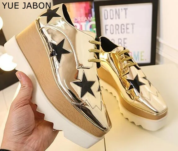 2025 New Ins Real Leather Women Shoes Nude Star design Spring Shoes Woman Casual Footwear Thick Bottom Platform Wedge Shoes