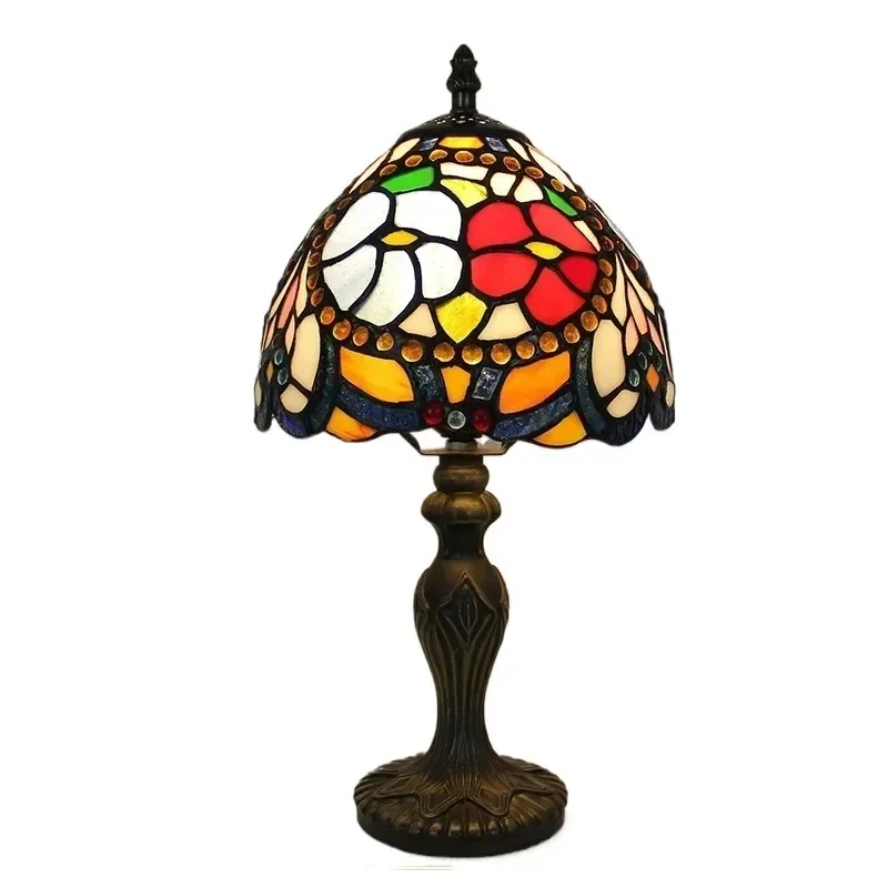 8inch Retro Classical Stained Glass Beads Rose Lampshade Church Home Art Decor Night Light Bedroom Bedside Tiffany Table Lamp