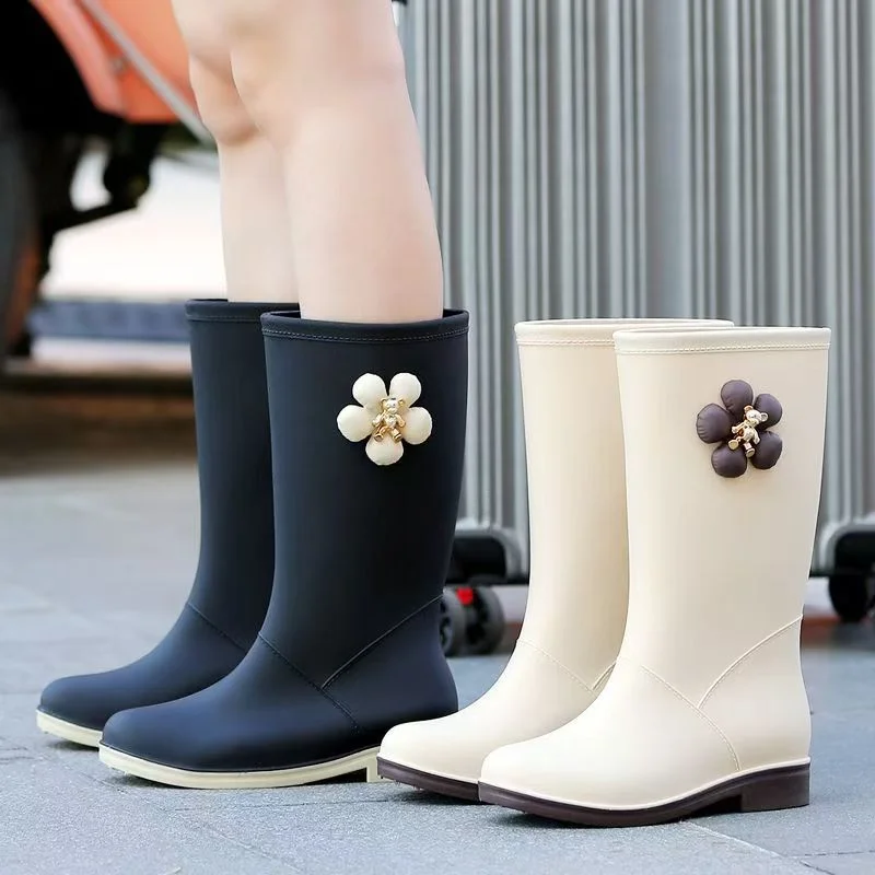 منتصف العجل احذية المطر المرأة موضة زين كعب منخفض Wellies البلاستيكية الجرموق مقاوم للماء عدم الانزلاق Gumboots التخييم أحذية من المطاط #3