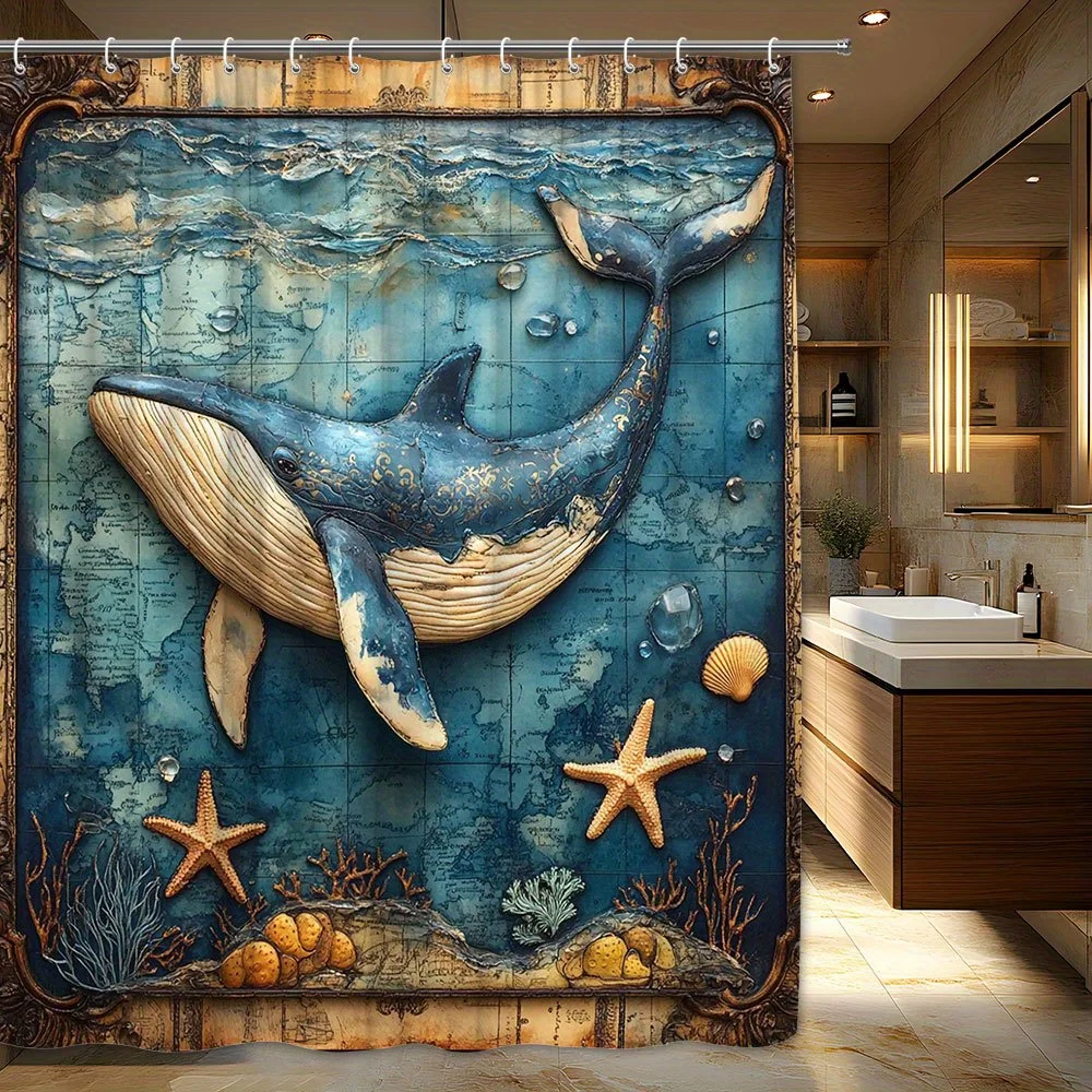 

1pc Blue Whale Map Shower Curtain - Vintage Nautical Marine Life Design with Realistic Starfish & Seashells, Polyester Bathroom