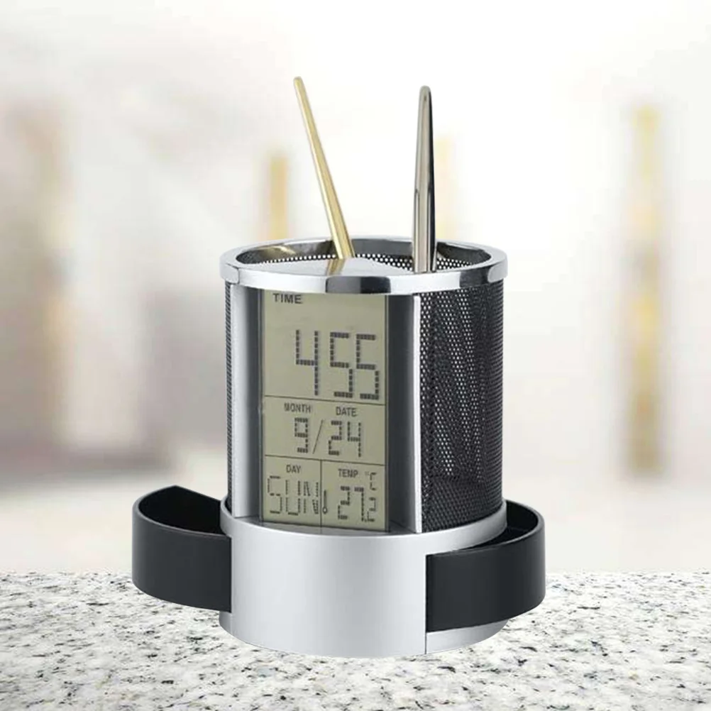 

Electronic Clock Pen Holder Multifunction Desk Organizer With Date Time Display Calendar Storage For Office Home Study