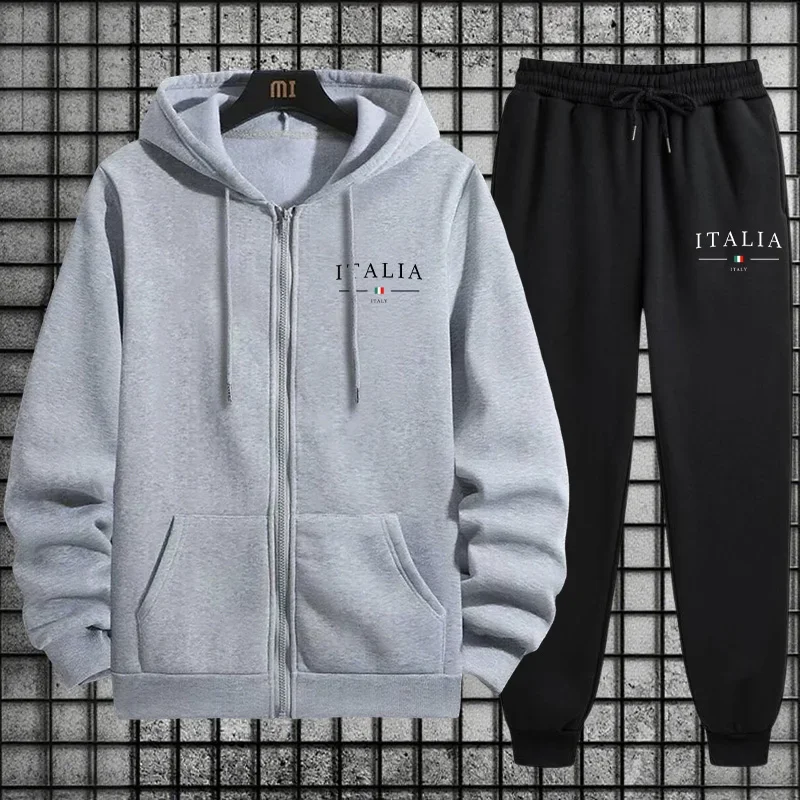 

Autumn Winter Mens Tracksuit Print Zip Coat Sweatpants Set Outdoors Sports Jogging Mens Clothing Casual Hooded Jacket Sportswear