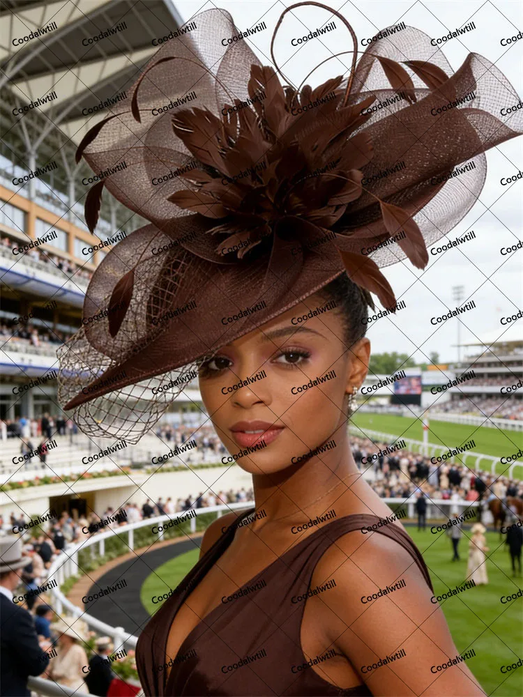 ブラウンベールビッグケンタッキーファシネーターハット女性レディースレースヘッドピース花嫁ウェディングパーティーロイヤルアスコットミリナリーキャップメッシュシャポー