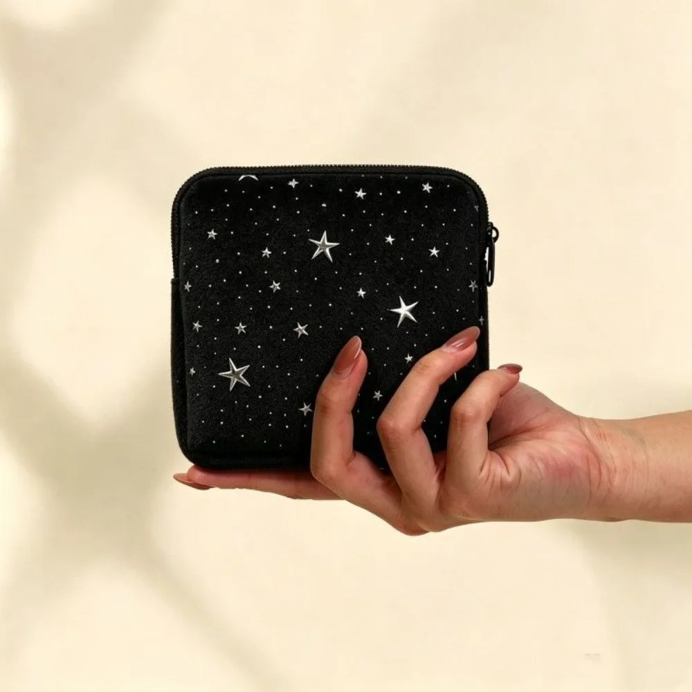 Kawaii Silver Star Print Sanitary Pad Pouch Zipper Closure Portable Sanitary Napkin Storage Bag Small Cosmetic Pouch Women Girls