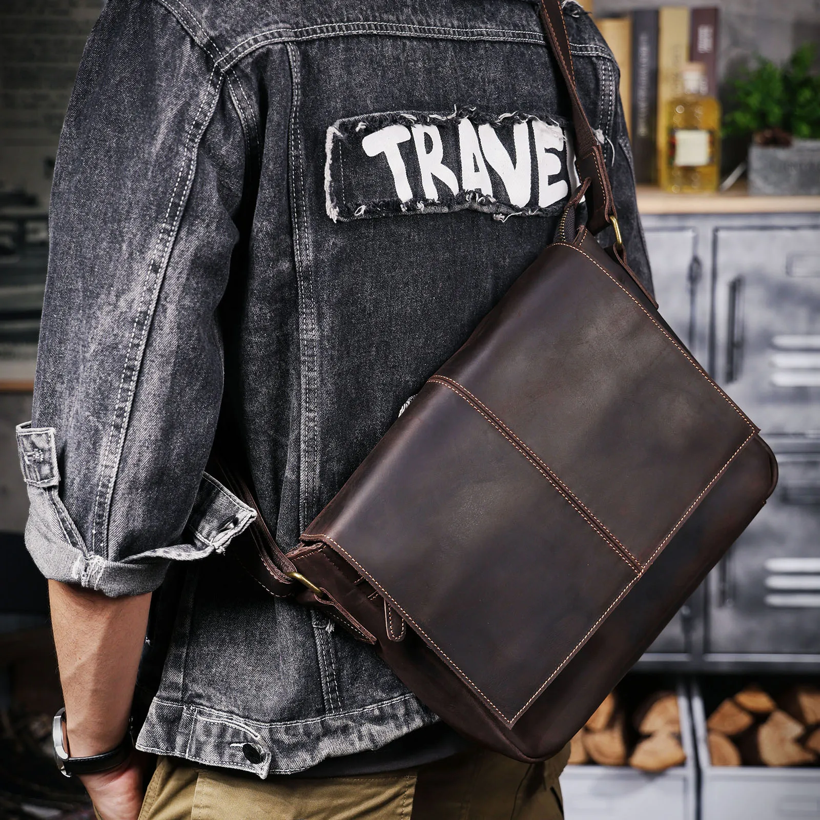 Vintage Herren-Aktentasche aus echtem Leder, 15-Zoll-Laptoptasche, Messenger-Taschen für Arbeit und Business, Crazy Horse Rindsleder-Handtasche für Männer, La – Detail 9