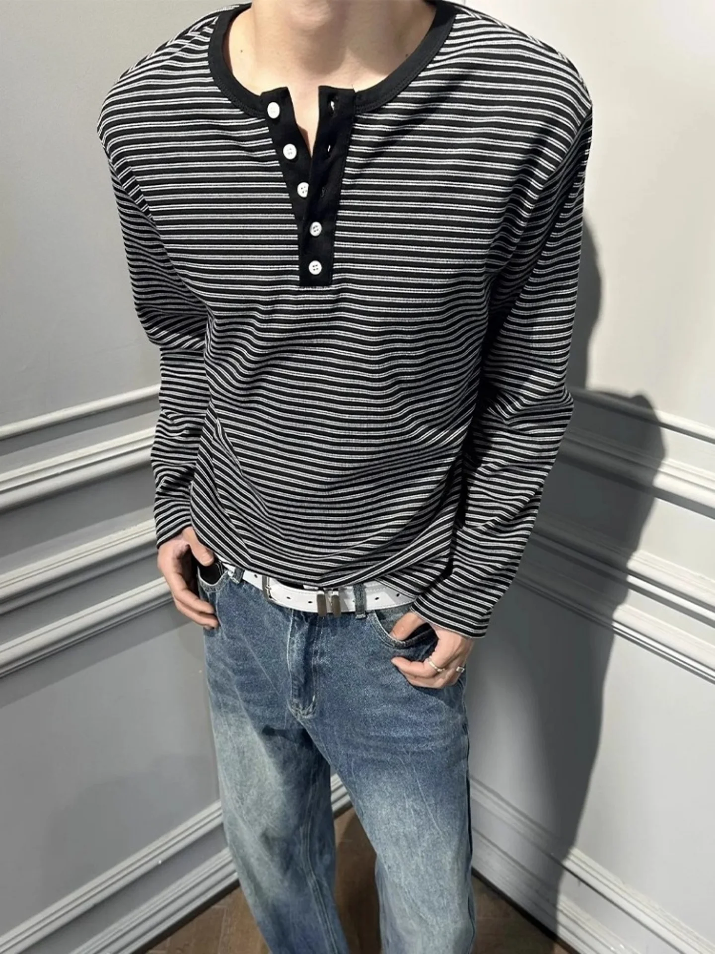 Striped Henry Collar Long Sleeve T-Shirt Unisex Casual Loose Fit Basic Versatile Casual Base Layer Top Spring Autumn Wear