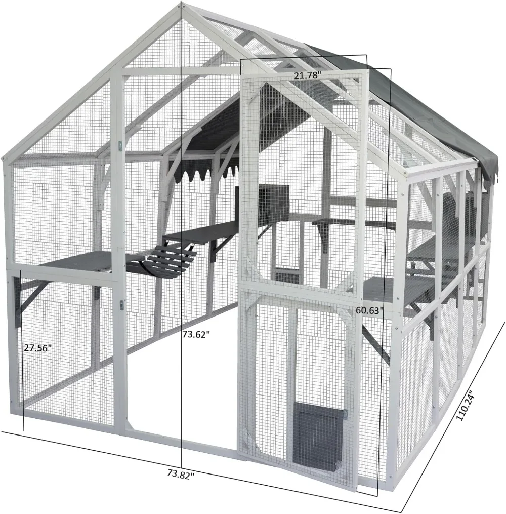 Wooden Catio Outdoor Cat Cage Enclosure with Weatherproof Roof, Cats Scratcher Ramp,Space Capsule Bed,Bridges and Resting