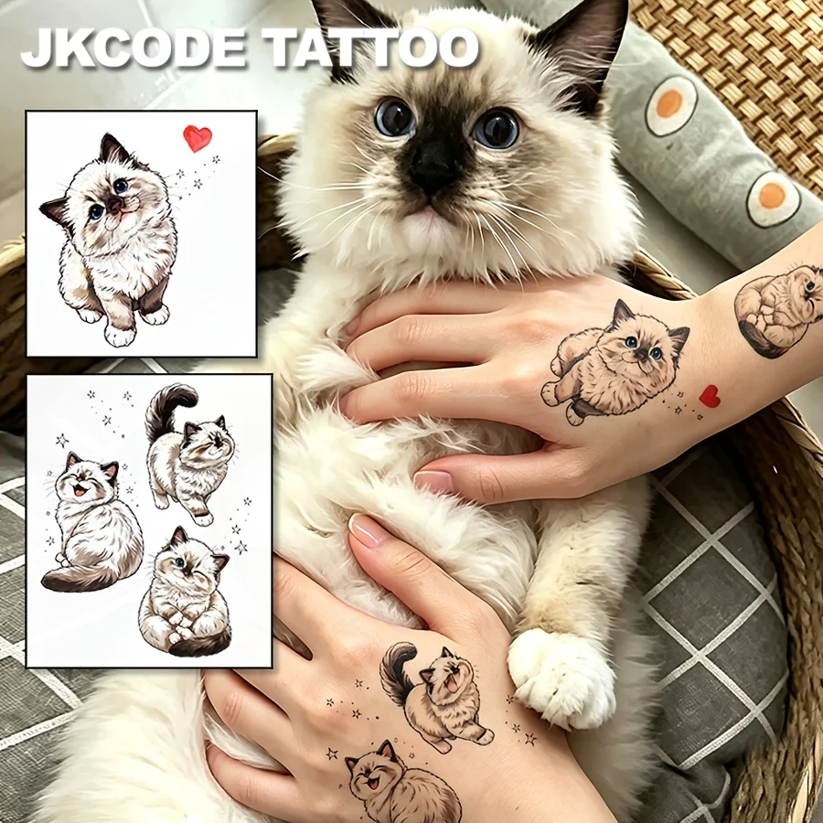 2-Pack of Realistic 3D Simple and Cute Cat Tattoo Stickers, Fashionable Pet Tattoo Stickers, Ragdoll Cat Tattoos, Cute, Beautiful, and Cool Tattoos for Women, Simple, Cute, and Quirky Pink Heart Pattern Tattoo Stickers, Lasting for 3-5 Days