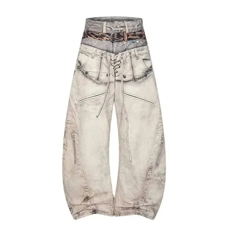 Retro Washed Leopard Patch Men's Denim Jeans Curved Silhouette 3D Graphic Print Frayed Edges Baggy Trousers VB6G