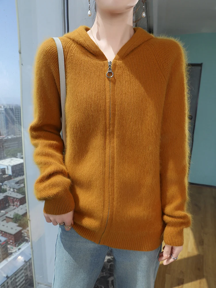 Damski sweter z kapturem TLOML, 100% kaszmir z norek, rozpinany na zamek, jesienno-zimowy, miękki, ciepły, dzianina z kaszmiru z norek, gruby, wygodny płaszcz.