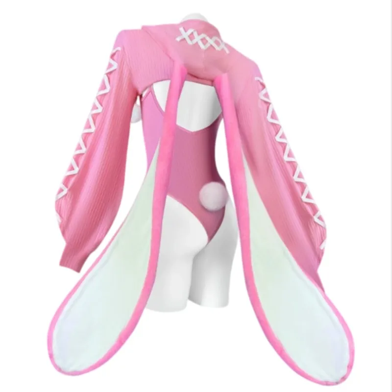 Cute Bunny Ear Hooded Bodysuit Long Sleeve Plush Big Rabbit Ears Women Cosplay Costume Y2K Loungewear Knit Tight Jumpsuit
