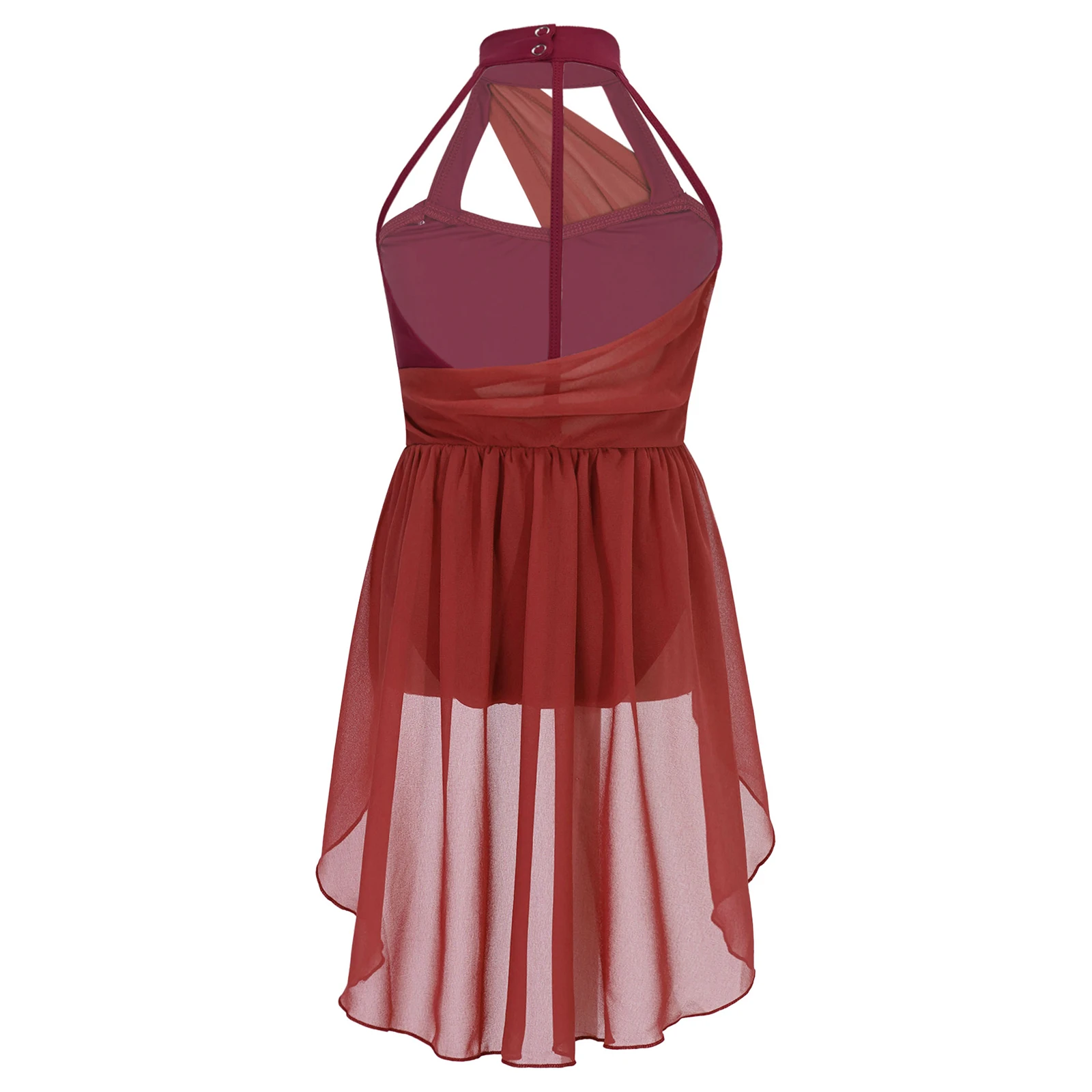 

Girls Modern Lyrical Dance Dress Sleeveless Ruched Chiffon Bodice Backless Gymnastic Ballet Leotard Dress Contemporary Dancewear