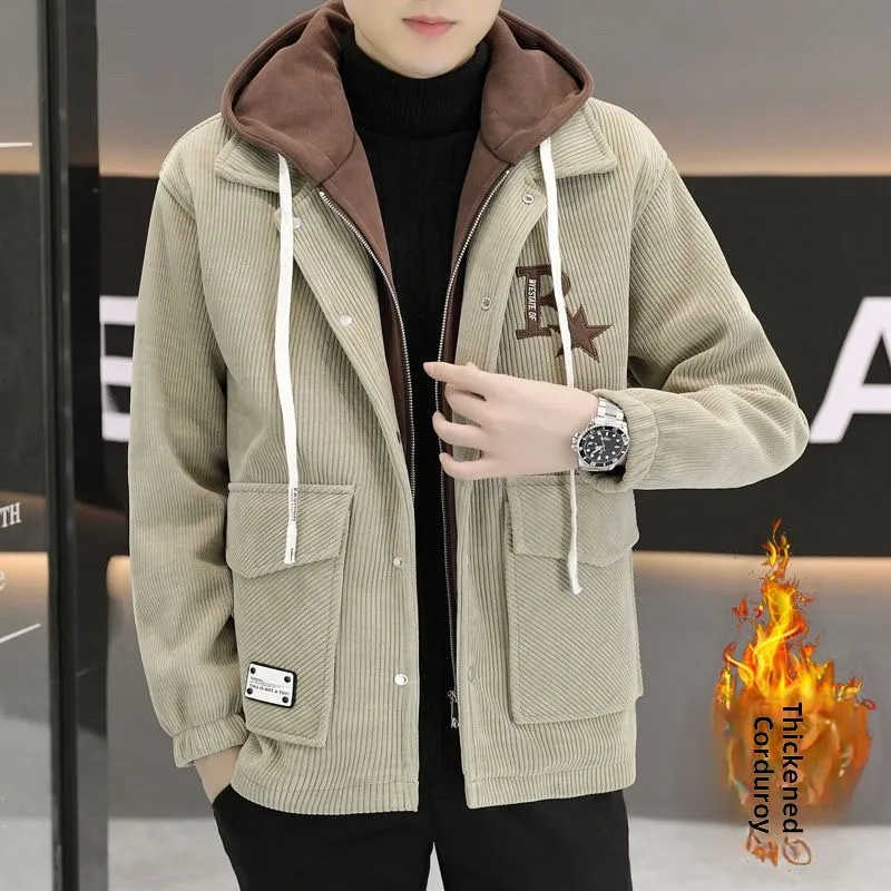 

Модная вельветовая куртка с капюшоном для мужчин, осенне-зимняя новинка, повседневная, высококачественная, теплая, молодежная.