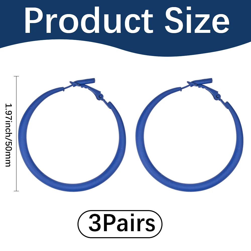 3 Pairs 80s Hoop Earrings Retro Neon Blue Earrings Matte Hoops with 925 Sterling Silver Pins Vintage Costume Outfit Accessories