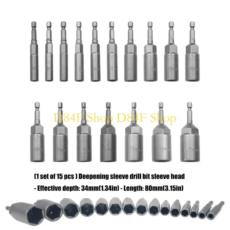 D84F 15Pcs Extended Reach Socket Drill Bits High Grade Steel Construction for Narrow Space and Heavy Duty Applications