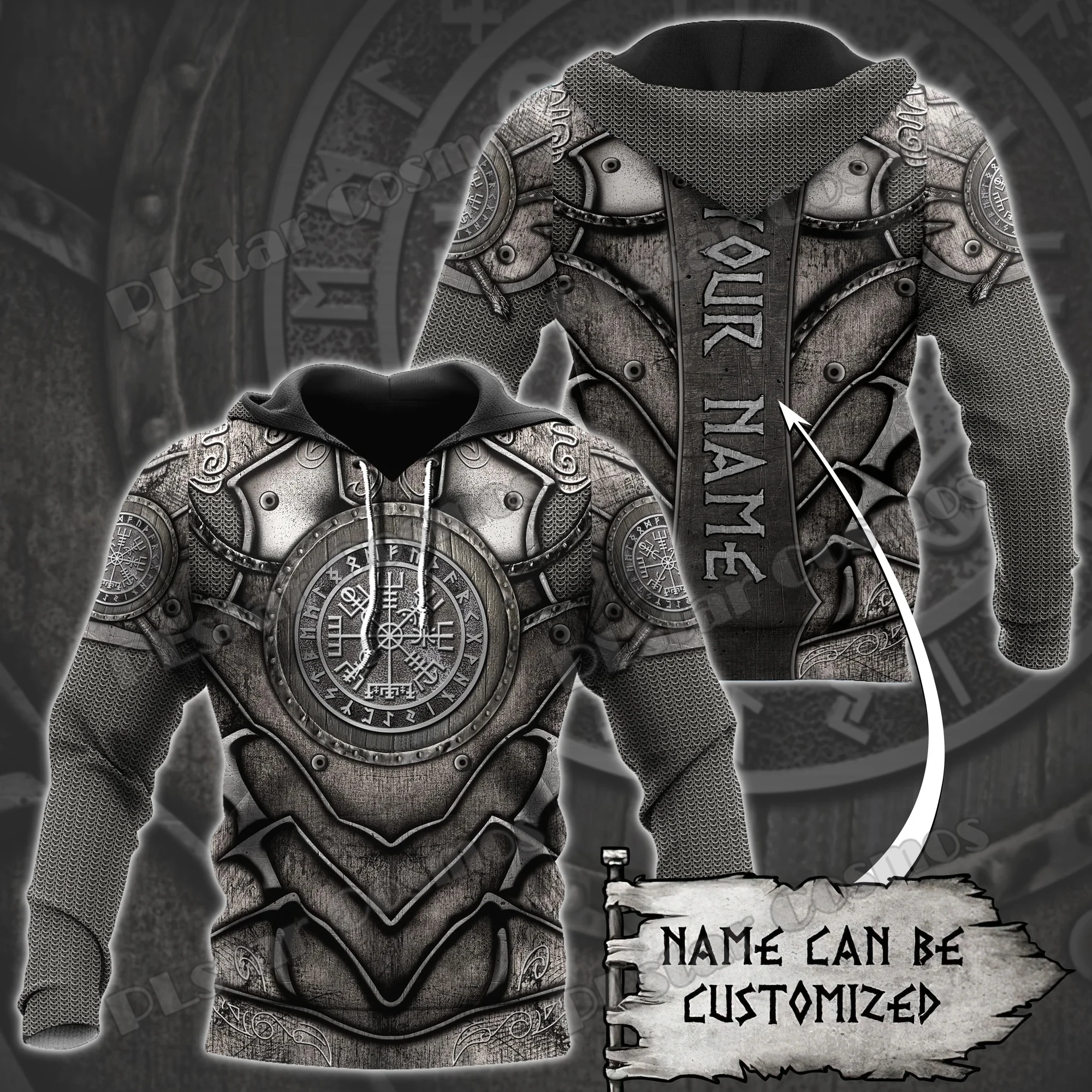 

Personalized Name Warrior Armor Vegvisir Tattoo 3D Printed Fashion Men's Hoodie Autumn Unisex Casual Zipper Hooded Pullover HW42