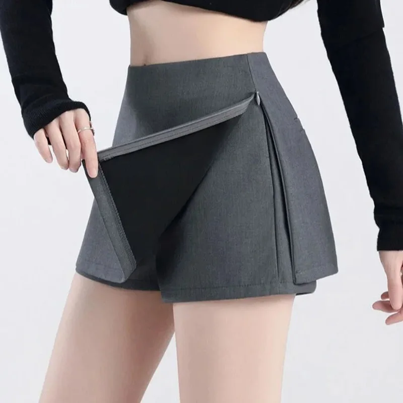 Women Patchwork Grey Suit Shorts Skirt High Waisted Fashion Casual Korean Skorts Summer Slim Bodycon Solid Commuter Shorts