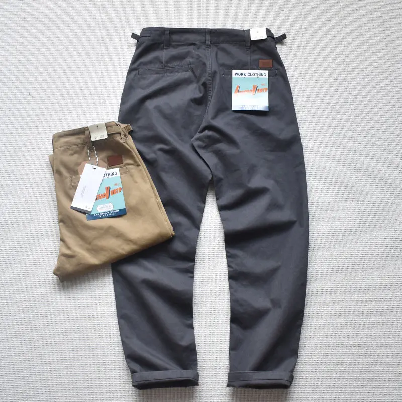 

2026 Spring Autumn American Retro Casual 100% Cotton Washed Pants for Men Basic Simple Tapered Straight Chino Workwear Trousers