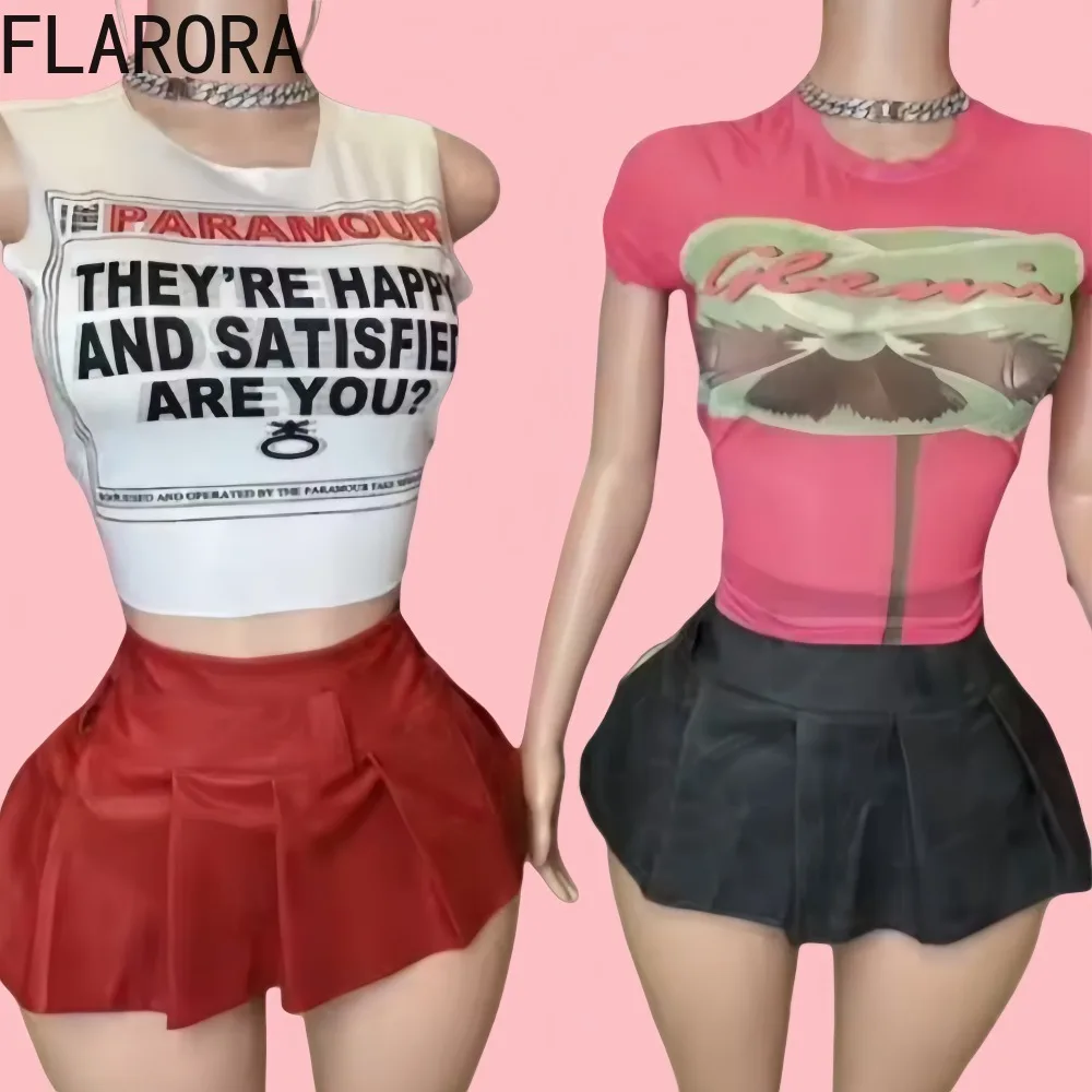 FLARORA Fashion Graphic Print Women's Two Pieces Set Woman Round Neck Crop Tops And Mini Pleated Skirt Outfits Y2k Streetwear