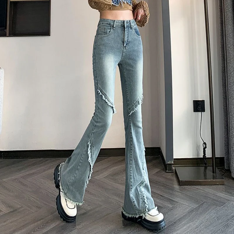 Girls Raw Edge Straight Leg Flared Jeans Lady High Waist Solid Denim Pants Women Korean Casual Fashion Trousers
