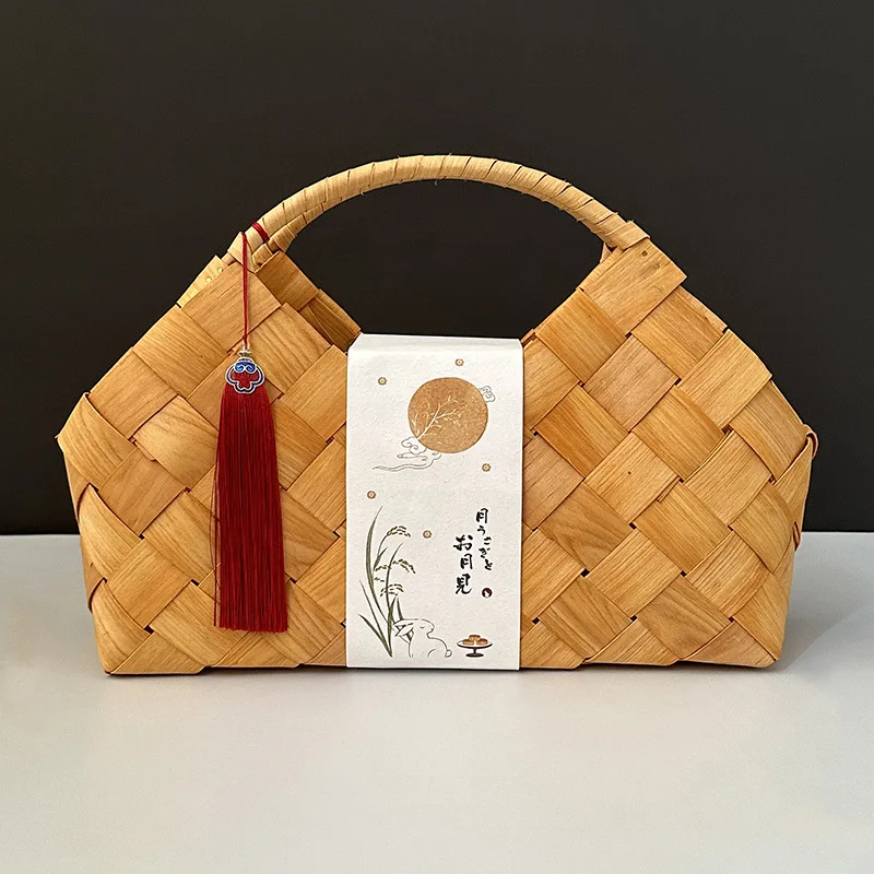 

Basket, Diabolo Woven Gift Box Hand-held Basket Japanese Style Wooden Chip Handmade Woven Basket