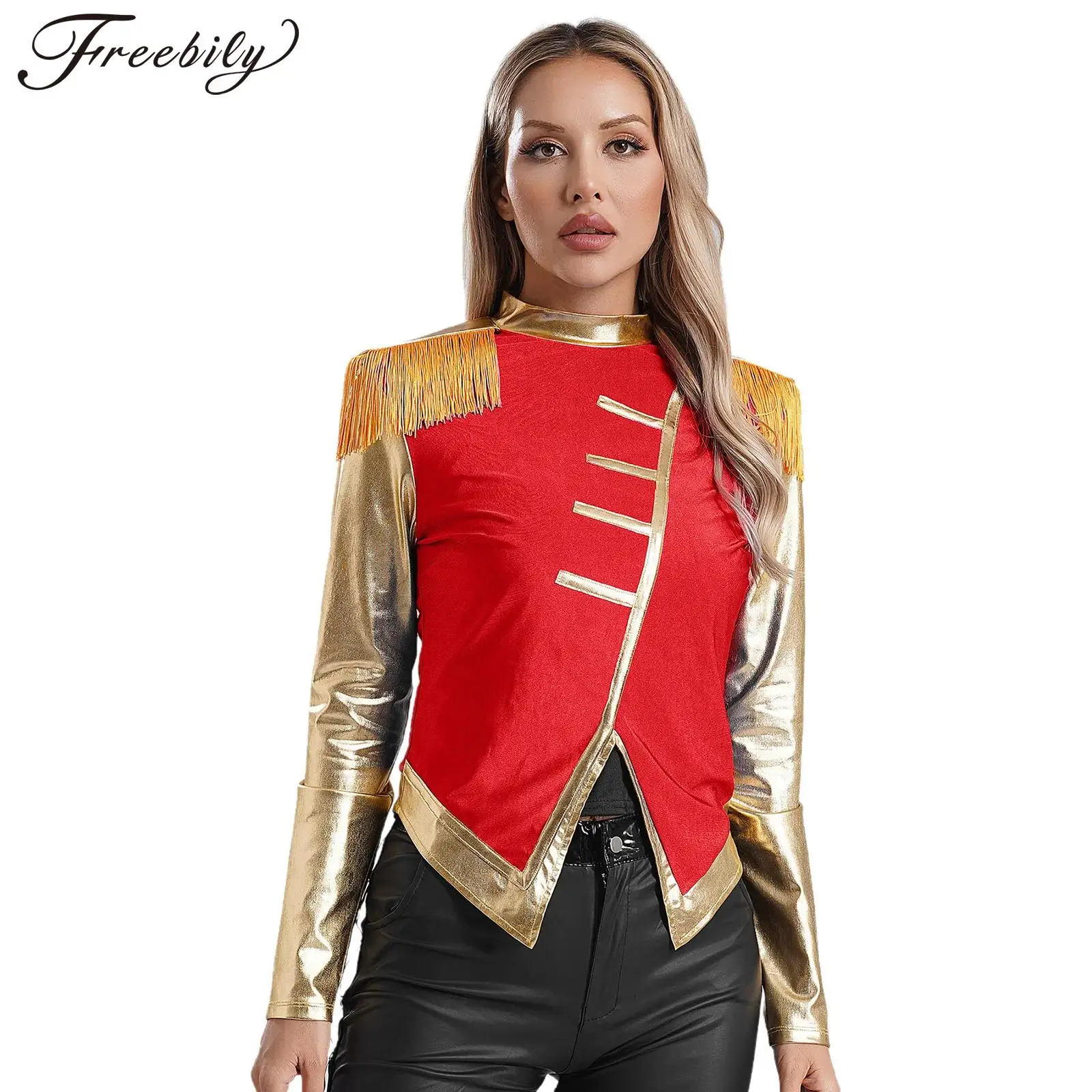 Women Halloween Carnival Circus Ringmaster Magician Cosplay Performance Costume Long Sleeve Metallic Shiny Tassel Tops Outerwear