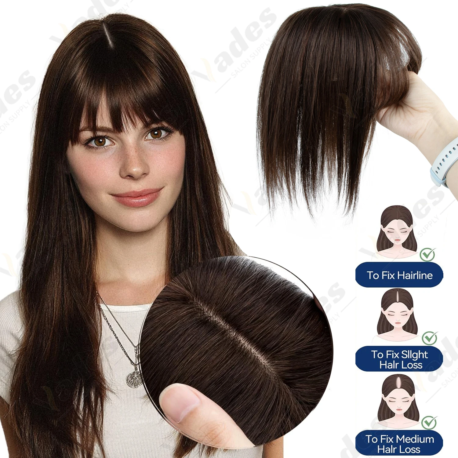 أغطية شعر للنساء شعر بشري حقيقي 360 درجة ° غطاء علوي كبير ثلاثي الأبعاد للنساء مع تاج رفيع مع مشبك Wispy في الانفجارات #1