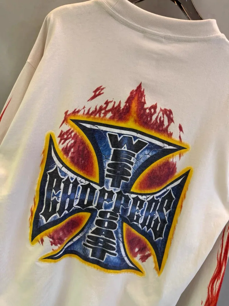 West Coast Cross Flame Printed Long Sleeve T-shirt Men Women Hip Hop White Pullover