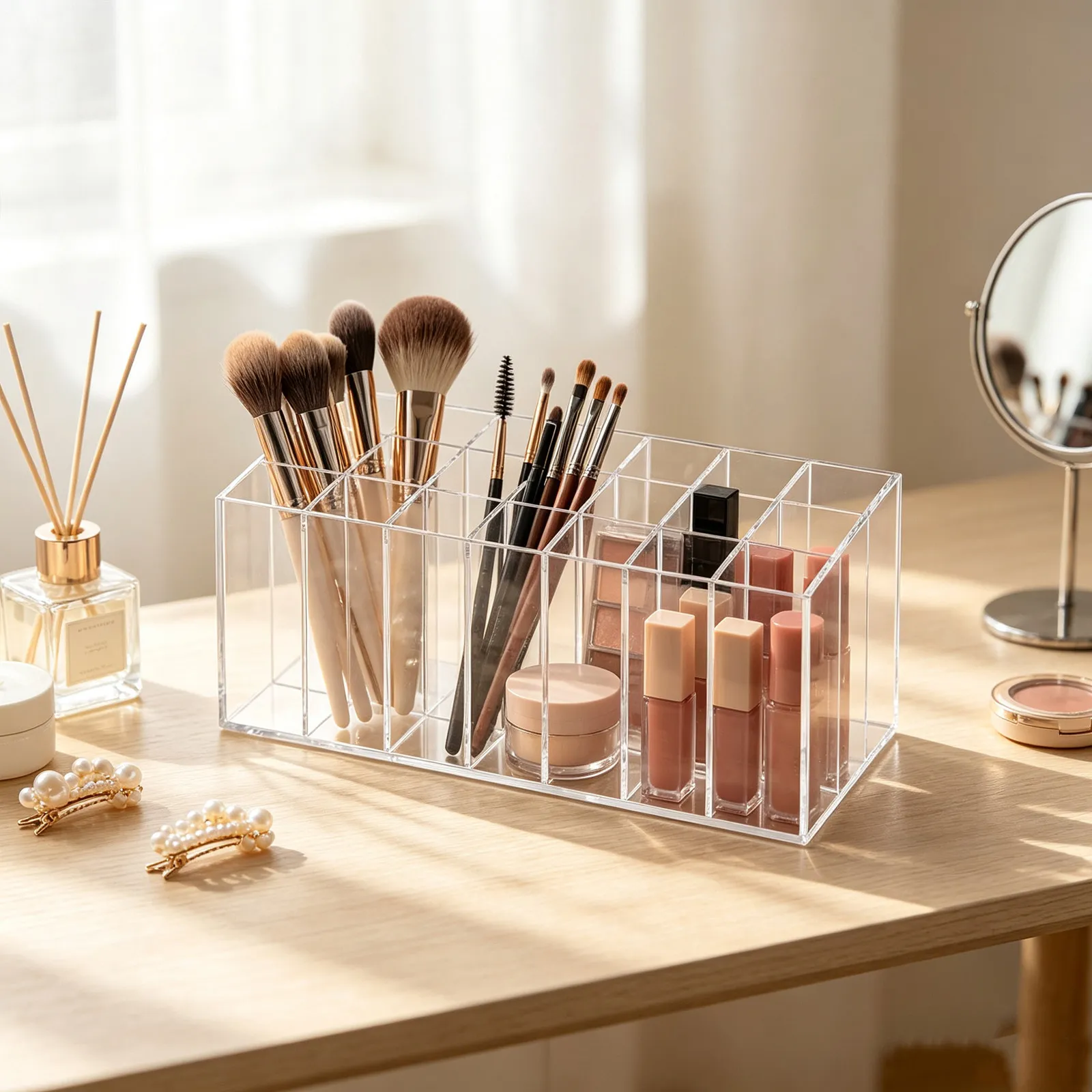 Makeup Storage Organizer Acrylic Case Large Capacity Lipstick Rack Desktop Display Stand for Home Office