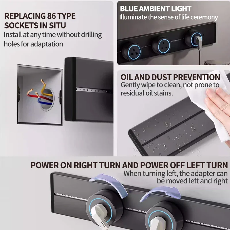 Toma de pared para carril eléctrico, toma de expansión de aluminio para cocina 40cm 50cm, toma integrada en encimera