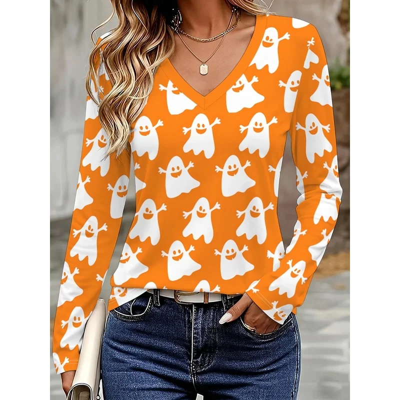Halloween Cute Smiling Ghost Print for WomenVCollar Long SleeveTShirt Fashionable casual and versatile style